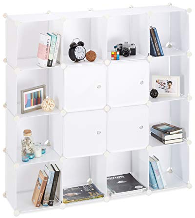 Relaxdays Steckregal aus Kunststoff, erweiterbares 16 Fächer Regalsystem, quadratisches Standregal 127x127x31,5cm, weiß