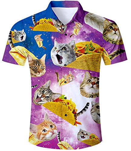 TUONROAD Camicia Hawaiana Uomo Pizza Cat 3D Stampa Vintage Viola Camicia Slim Fit Manica Corta Bottone Estivo Casual Shirt - L
