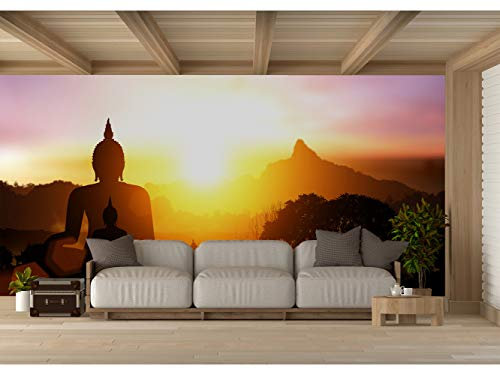Photo Mural Vinyl and Wallpaper Buddha Silhouette in Sunset | Photo Mural for Walls | Decorative Vinyl | Mural | Wallpaper | Various Sizes | Dining Room, Living Room, Bedroom Decoration 500x300cm
