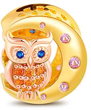 GNOCE Eule sitzt auf Mond Armband Charms Sterling Silber Mr. Wisdom Herr Weisheit Yellow Bead Charms für Tierliebhaber passen Armband/Halskette Schmuck Geschenk für Frauen Herren