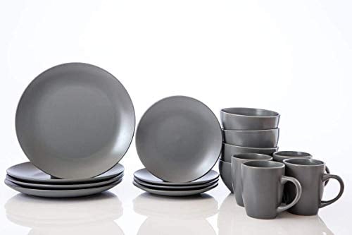 HOMD 16-Pieces Stoneware Dinnerware Set, Dinner Set, Kitchen Dinnerware Ceramic Crockery Set, Dinner Service Set for 4, Include Dinner Plate, Dessert Plate, Cereal Bowl and Mug (Gray)