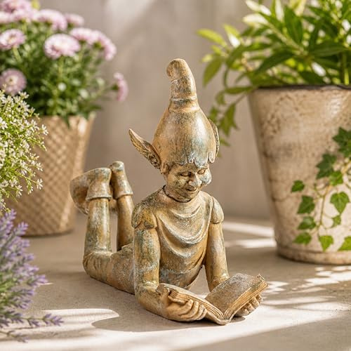 Garden Mile Large Reading Elf Garden Ornament 37cm Bronze Effect Resin Statue, Weatherproof Outdoor Garden Decoration, Elf Figurine for Lawn Patio Flower Beds Fairy Garden Decor Book Lover Gift