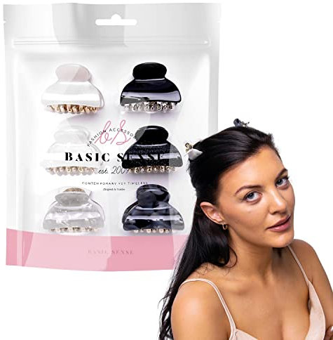 BasicSense - Set di 6 fermagli per capelli, resistenti, glitterati, marmorizzati, per donne e ragazze, piccole impugnature per capelli, assortimento bianco e nero