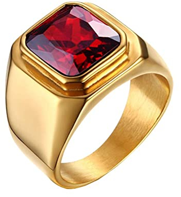 HIJONES Herren Stein Ring Vergoldet Edelstahl Große Quadratische Zirkonia Vintage Statement Ringe Rot Größe 68