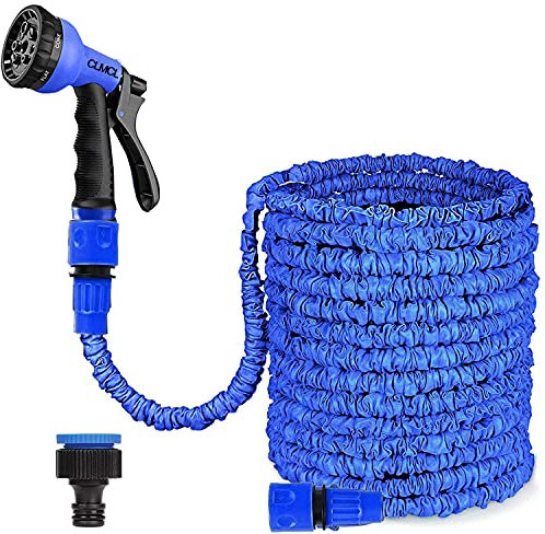 CLMCL 25ft/50ft/100ft/125ft/150ft Expandable Garden Hose Pipes, Expandable Garden Hose Flexible Stretch Water Pipe for Home Lawn Car with 8 Function Professional Water Spray Nozzle (125ft,Blue)