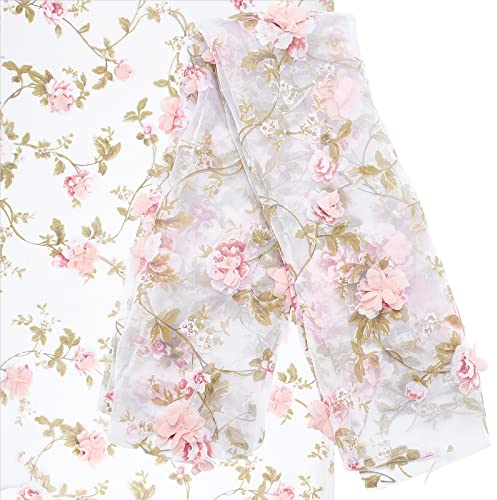 GORGECRAFT 55 Pouce Brodé Fleur Tissu 3D Organza Rose Floral Mousseline Rose Feuilles Vintage Dentelle Tissu Broderie Applique Rubans pour Couture Mariage Tissu de Mariée DIY Artisanat Fournitures