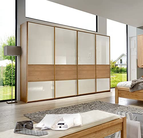 WIEMANN Kleiderschrank Kiruna, Schwebetürenschrank, Schlafzimmerschrank, mit Schiebetüren, 4-türig, Breite 330 cm, Querriegel, Eiche, Glas Champagner, B/H/T 330 x 236 x 67 cm