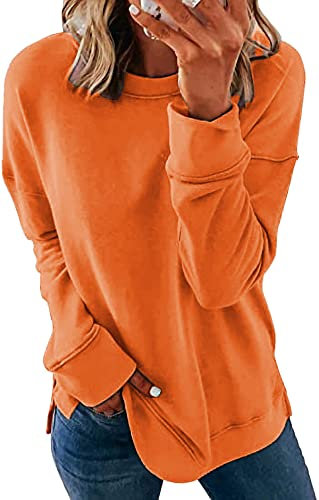 SMENG Pull col Rond Femme Printemps Ample de Marque Basic Top Manche Longue Pure Pullover Sweatshirt Tops Orange M