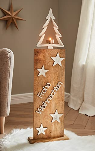 Dekosäule mit Teelichthalter und Schriftzug Frohe Weihnachten aus Mangoholz & Aluminium, Holzsäule, Weihnachtsdekoration