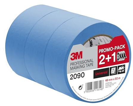 3M Professional Masking Tape 2090, Universal Surfaces, Promo Pack 2+1 Rolls (48 mm x 50 m) - UV stable, Water Resistant, For Indoor & Outdoor Painting and Decorating