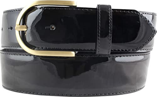 Lack-Gürtel aus Leder 4 cm | Glänzender Damengürtel 40mm | Eleganter Gürtel für Damen | Goldene Gürtelschnalle | Schwarz 85cm