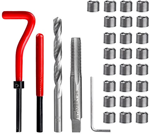 Mesee Kit de Réparation de Fil de M8 en Acier Inox, 30 pièces Outils de Réparation Filetage avec Foret Taraud Clé Inserts Filetés Ensemble d'Outils à Main Compatible pour Réparation Automatique