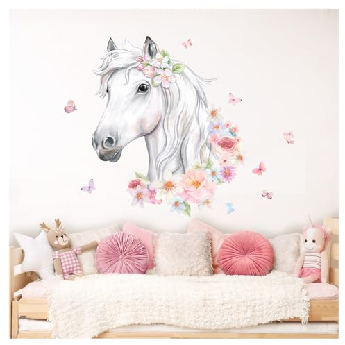 DEKO KINDERZIMMER Wandsticker Pferdekopf mit Blumen Wandtattoo Schmetterlinge Mädchen Babyzimmer Wandaufkleber Tiere Wanddeko DK1046-2