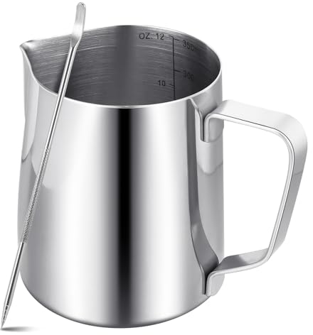 Milk Frother Jug Coffee Machine,350ml/12oz 304 Stainless Steel Milk Pitcher Cup with Decorating Pen,Metal Barista Accessories Cappuccino Latte and Espresso,Dishwasher Safe