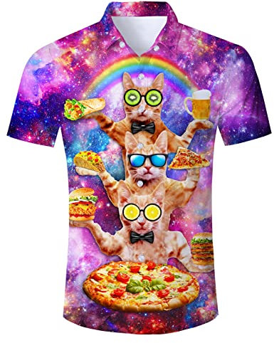 TUONROAD Funky Shirt Realistic Cat 3D Print Summer Beach Shirts Mens Hawian Shirts Short Sleeve Button Down Summer Casual Tops L
