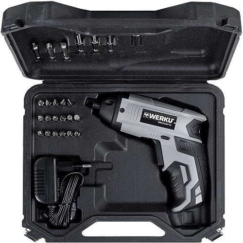 Werku WK400270, Atornillador Inalámbrico, Calidad Profesional, Par 5 Nm Máx, Potencia 3.6 V y 2 Ah, Batería Li-Ion, Sistema Luz LED Visión, Incluye 23 Puntas/Brocas y Maletín Transporte