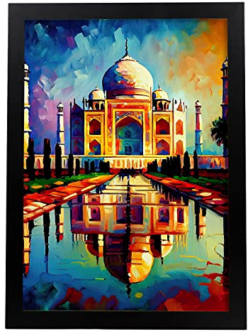 Nacnic Poster Taj Mahal im Ölgemälde Stil. Illustrationen von Denkmälern und Städten im fotografischen Vollfarbstil. Innenarchitektur und Dekoration. A4.