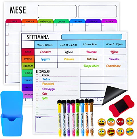 Juego de 3 pizarras magnéticas para nevera, calendario magnético para la nevera, pizarra semanal borrable, incluye 3 pizarras, 8 rotuladores, 8 imanes, 1 goma de borrar, 1 portalápices (italiano)