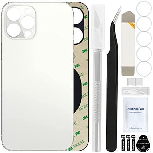 ZHUROUPU Rear Back Cover Glass (without Logo) Replacement Compatible with iPhone 12 Pro MAX, Professional repair Tool kit, Pre-Installed Adhesive and Rubber Bands (6.7 inch/Silver)