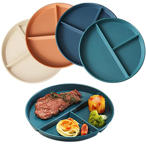 NOZVYCI 23CM Lot de 4 Assiette Plate Incassable avec 3 Compartiments Assiette à Dîner Divisée Allant au Micro-ondes et au Lave-vaisselle Assiette pour Enfants Familiale Séparée (Couleur Foncée)