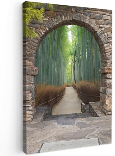 MuchoWow© Leinwandbild Groß 80x120 cm XXL Dekoration Wohnzimmer Bilder Aufhängen Wall Decoration Living Room Wohnungs Deko Moderne Bambus - Japanisch - Fensterblick - Wald
