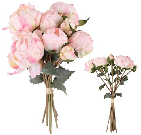 ICBOX Rosa Pfingstrosen Künstliche Blumen 2 Blumensträuße Vintage Pfingstrosen 18 Stück Rosa Pfingstrosen mit einzelnen langen Stielen Seidenblumen für Hochzeitsdekoration Braut Blumenstrauß Blumen