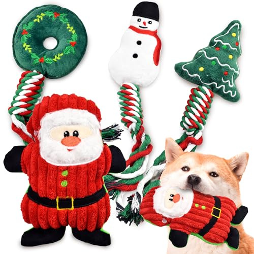 Ousiya Hund Weihnachten, 4 Stück, Weihnachts-Plüsch-Hundespielzeug für große, mittelgroße und kleine Hunde, Kauspielzeug Weihnachts