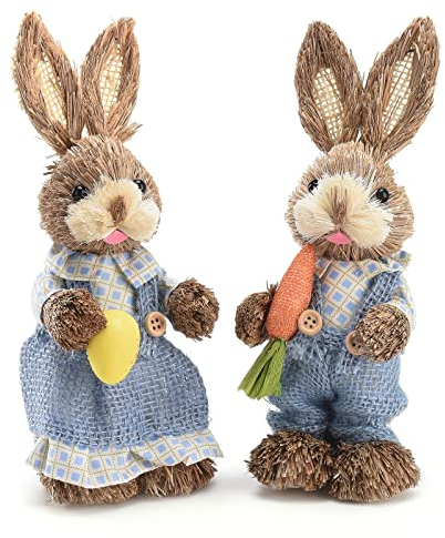 2Pcs Handmade Straw Bunny, Standing Straw Woven Bunny Statue Decor,Easter Straws Bunny Straw,Straw Bunny Figurine for Child Party Home Garden Wedding Decor(#1)