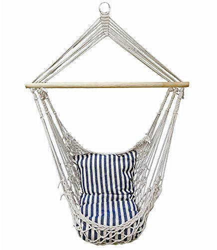 etc-shop Hängesitz Garten Hängesessel mit Sitzkissen Hängematte zum sitzen, Baumwolle blau weiß Holz, max. 120kg, BxT 60x70 cm