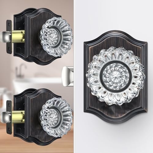 Calzibeno 3 Pack Glass Door Knobs, Oil Rubbed Bronze Crystal Door Knobs Interior with Lock for Privacy Use, Vintage Bronze Glass Crystal Doorknobs for Interior Bedroom Bathroom