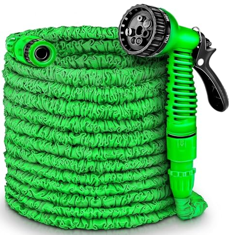 LINGKY Flexibel Gartenschlauch, 15M/50FT Flexibler Wasserschlauch mit 7 Funktionen Brause, Dehnbarer Garden Hose Schlauch für Gartenbewässerung, Haustier, Autowäsche (15M/50FT,Grün)