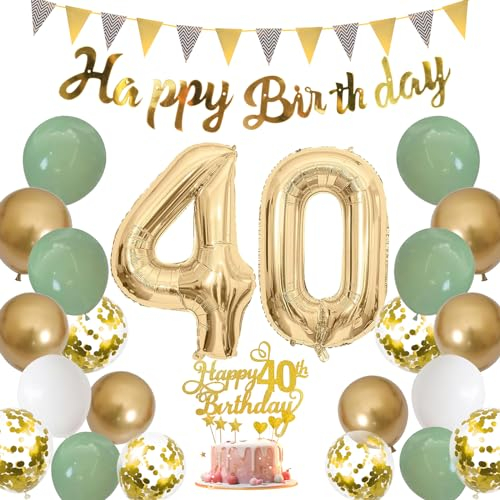 Moorle Geburtstagsdeko frau 40 jahre, Salbeigrüne Deko 40. Geburtstag Männer, Grün Weiß Gold Luftballons 40 Geburtstag, Party Ballons mit Banner Flaggen, tortendeko für 40.ter Geburtstag Dekoration