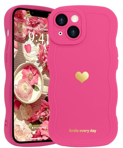 LAPOPNUT for iPhone 14 Case,Cute Curly Wave Frame Love Heart Phone Case for Girls Women,Soft Silicone TPU Bumper Shockproof Camera Protective Cover for iPhone 14 6.1 inch,Hot Pink