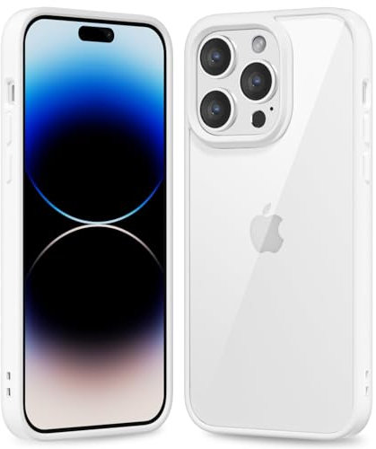 oakxco Thin Slim Clear case for iPhone 14 Pro, Transparent Hybrid Hard Shell Plastic & Soft Silicone Rubber Bumper, Non-Yellow Acrylic Protective Lightweight Cover for Women, White