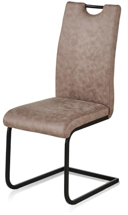 KHG Esszimmerstühle 2er Set, Schwingstuhl Kunstleder Hellbraun, Freischwinger Metall pulverbeschichtet, Küchenstuhl, Essstuhl, Polsterstuhl, für Esszimmer Küche Büro