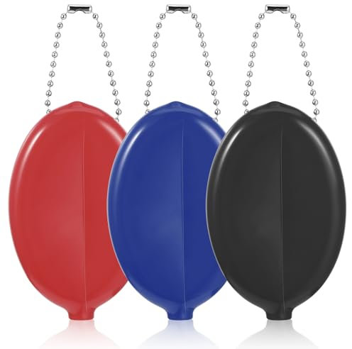 Lot de 3 porte-monnaie à presser en caoutchouc et silicone 5,1 x 7,6 cm - Petit porte-monnaie ovale à presser avec chaîne colorée pour homme et femme, Bleu/rouge/noir, Art déco