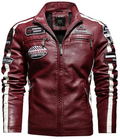 Blouson Moto Homme Veste Cuir Homme Blouson Cuir Moto pour Homme Imperméable et Coupe-vent Plusieurs Poches en Similicuir PU Veste Vintage À Fermeture Éclair Veste (Rouge,M)