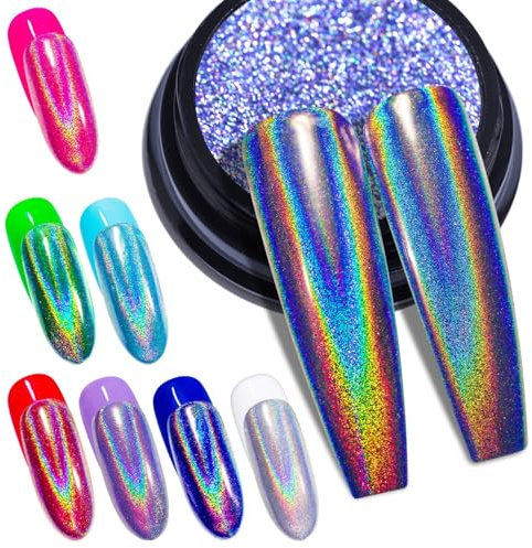 BISHENGYF Holographic Chrome Nail Powder - 1g Mirror Laser Effect Iridescent Holo Nail Chrome Powder, Rainbow Chrome Powder for Gel Nails Pigment Glitter for Nail Art Decorations, Gel Nail Polish