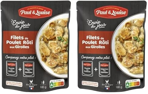 Paul & Louise Envie Du Jour - Filets de poulet rôti aux Girolles 180g - Sachet micro ondable - Prêt en 2 min - À combiner avec nos sachets d'accompagnements - Légumineuses ou Céréales (Lot de 2)