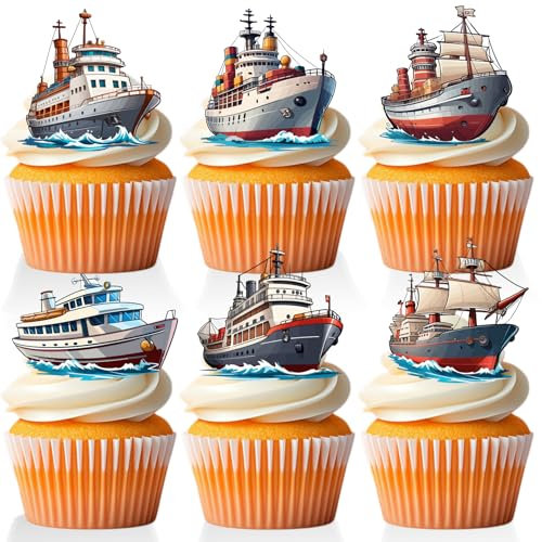 18 PCS Nautical Cupcake Toppers for Boys Girls Happy Birhday Baby Shower Ship Boat Cake Decor Navy Sailing Nautical Party Decorations Supplies