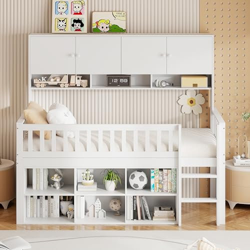 I0I&I0I Kinderbett 90x200 cm Holz mit Staufächern, Sicherheitsleiter und Einzelbett-Design – Platzsparend, stabil und ideal für das Kinderzimmer, maximale Sicherheit und Stauraum (Weiß)