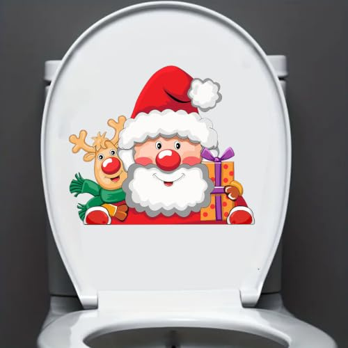 Nouiroy Santa Waving Hands Decal Christmas Toilet Seat Lid Stickers,Self-Adhesive Christmas Toilet Seat Decals DIY Removable Waterproof Toilet Sticker Christmas Decor Decals (Santa&Elk)