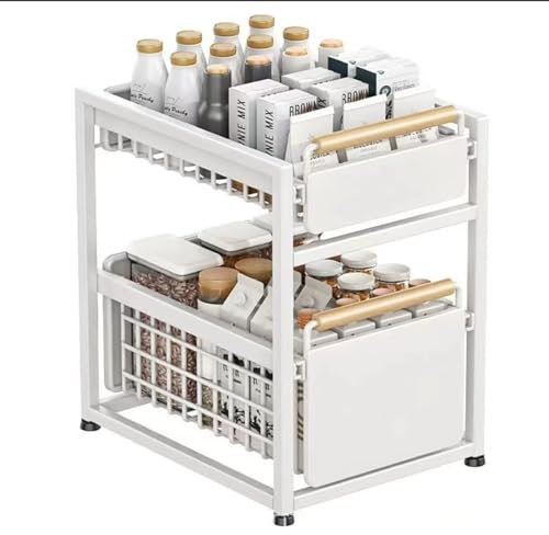 Cesto portaoggetti a 2 ripiani sotto il lavandino, con design estraibile scorrevole, in metallo, staccabile, per mobili da cucina e bagno (bianco)