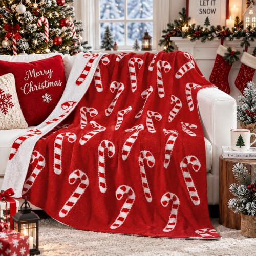 Buryeah Weihnachts-Überwurfdecke mit Zuckerstangen-Motiv, 127 x 152 cm, rot und weiß, wendbar, gestrickt, gemütlich, leicht, weich, Geschenk für Couch, Sofa, Bett