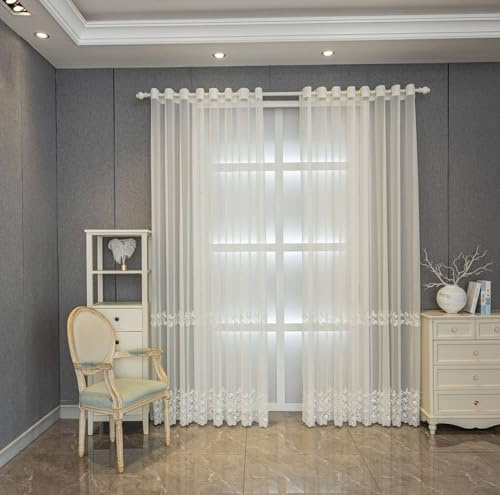 Gardine Küche Vorhang Weiß Voile 2er Pack mit Gesticktem Schmetterling H244 x B132 cm (2er Pack) Polyester