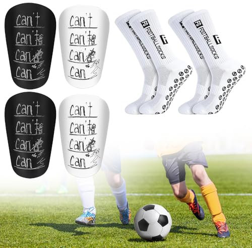 SKIKHN 2 Paar Mini Schienbeinschoner & 2 Paar Fußball Socken,9.9X 6.1cm Mini Shin Pads mit Sportsocken Fußball Anti Rutsch Grip,Fußball-Schutzzubehör,Mini Beinschutz für Erwachsene Jugendliche Kinder