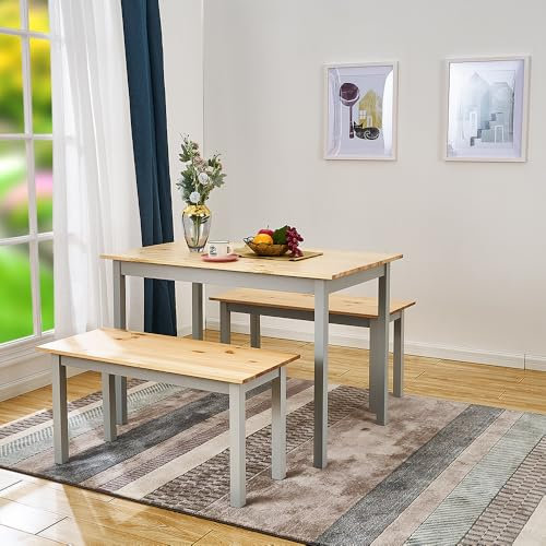 Panana Solid Wooden Pine Dining Table and Bench Set Dining Kitchen Home Furniture (Grey, With 2 Benches)