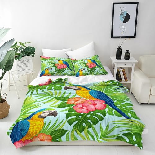 ANHOPE Parrot Duvet Cover Set Single 135x200cm 2 Pillowcases | Tropical Palm Leaf Floral Print, Soft Microfibre Fabric, All Season Quilt Cover Set with Zipper Closure, for Home and Hotels