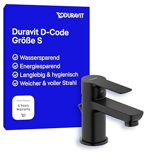 Duravit D-Code Waschtischarmatur, Größe S (Auslauf Höhe 125 mm), energiesparende Waschbecken Armatur (FreshStart), wassersparender Wasserhahn (MinusFlow), mit Zugstangen-Ablaufgarnitur, Schwarz Matt