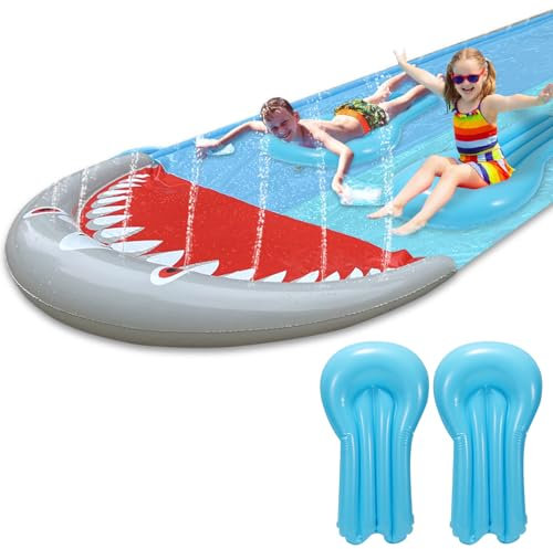 ISOISL Rutschmatte Doppel Wasserrutsche 550 cm L x 145 cm W Rasen-Wasserrutsche mit eingebautem Sprinkler und 2 Rutschboard Wasserspielzeug Kinder für Outdoor Sommer